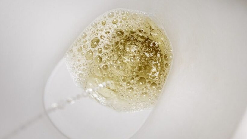 거품이 섞인 노란빛 소변이 변기 안으로 내려가는 모습으로, 몸이 붓거나 수분 정체가 있을 때 소변 상태가 달라질 수 있는 상황을 표현한 이미지.